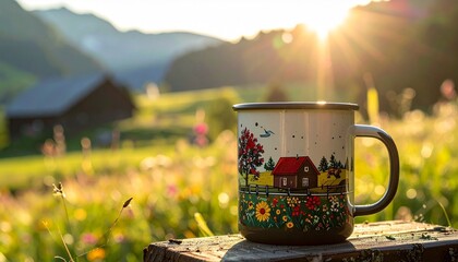 Countryside mug with barn view, rustic charm in layered perspective…