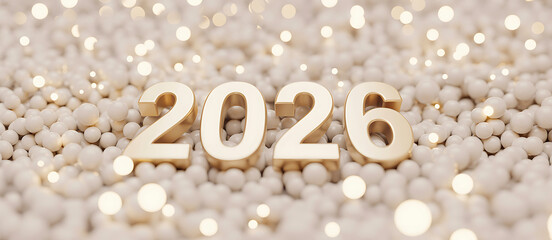 Golden 2026 numbers a bright future year set against a background of soft white spheres and bokeh lights perfect for new year promotions