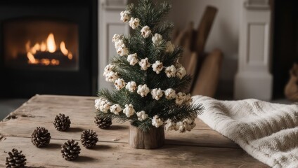 Cozy Christmas Tree with Pinecones and Fireplace.