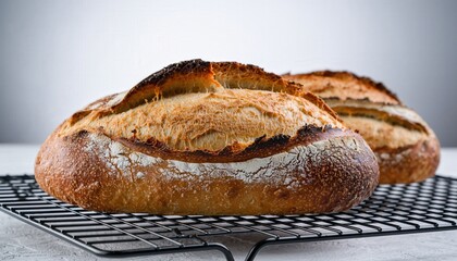 Freshly Baked Artisan Bread Loaves with Golden Crispy Crust Cooling on Wire Rack in Rustic Kitchen Soft Ambient Light