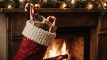 Christmas stocking filled with candy canes and pinecones near fireplace.