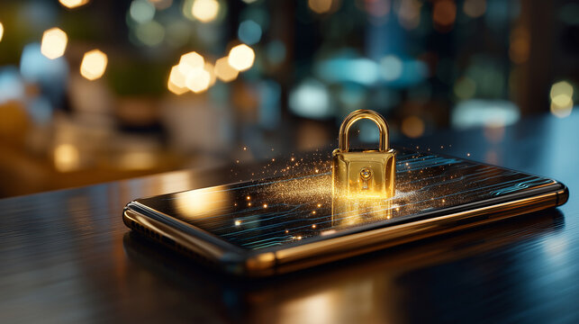 Smartphone with glowing padlock symbol, defocused digital background, cybersecurity awareness concept, data protection technology, online security visualization, mobile safety syst