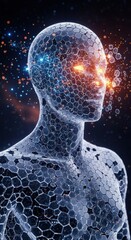 Digital human form with glowing eyes and glowing particles floating around.