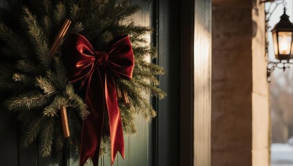 Christmas Wreath with Red Bow on a Door with a Warm Lantern Light.