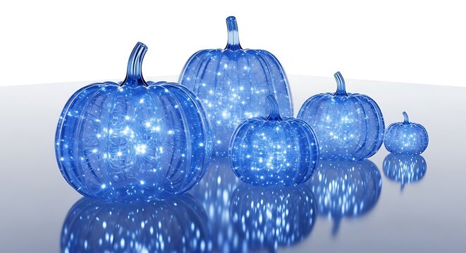 Luminescent blue glass pumpkins with sparkling internal lights on reflective surface.