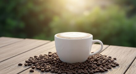 White cup of coffee with foam surrounded by beans on a wooden table.