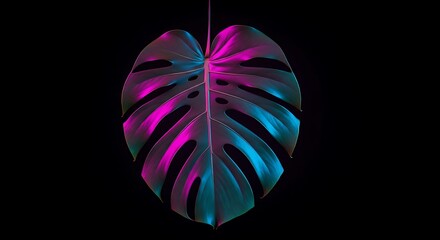 Vibrant neon illuminated monstera leaf with tropical modern aesthetic.