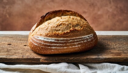 Freshly Baked Artisan Sourdough Bread Loaf with Golden Crusty Scored Top on Rustic Wooden Surface in Warm Natural Light