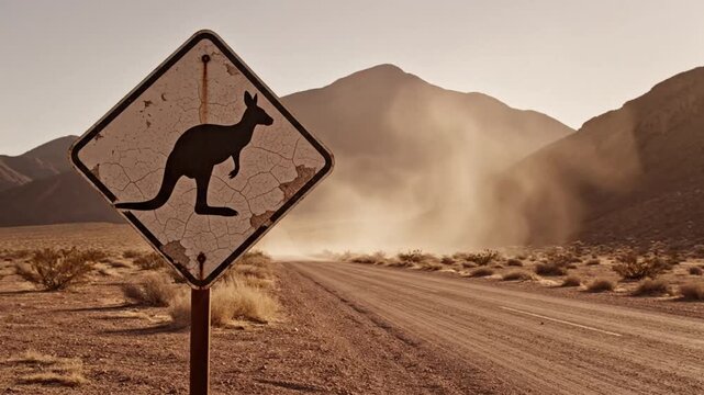 Desolate desert landscape with kangaroo warning sign amid dust clouds and
