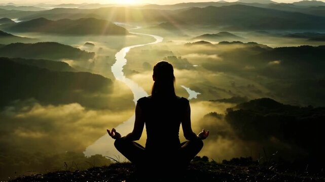 Woman in lotus pose meditating sunrise, peaceful silhouette sky ocean crown chakra lotus meditation glowing nebula galaxy Connect subconscious concept mindfulness, inner peace, energy spiritual 4k