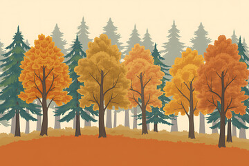 Autumn forest scene with colorful deciduous trees and evergreen pines