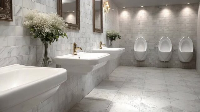White sink urinal in a bathroom with chic marble flooring that creates a minimalist atmosphere