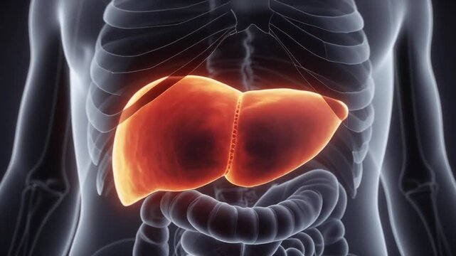 Cinematic Animation of Healthy Human Liver Transforming to Cirrhosis Illustrating Disease Progression with Medical Accuracy Against a Dark Gradient Background