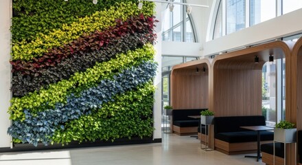Lush green living wall and modern wood booths create a vibrant office space.