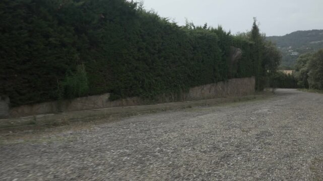 Road bush fence gimbal stabilized traveling mountain village overcast