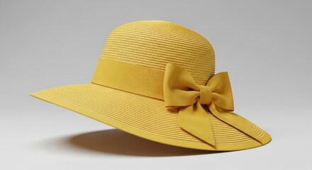 A stylish yellow straw hat with a large bow sits against a plain background.