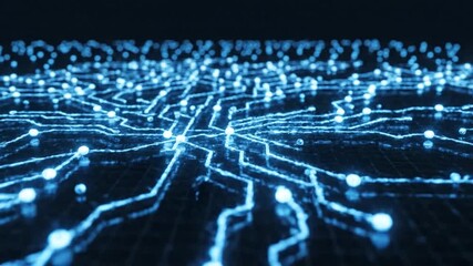 Close-up of a glowing blue digital circuit board network abstract background. - Powered by Adobe