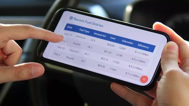 Hands of a costconscious driver examining detailed fuel expenditure records and consumption analytics on his phone. This clip showcases how technology enables better financial control over vehicle