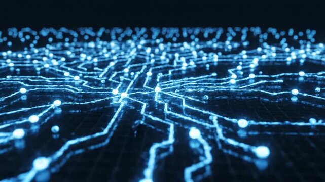 Close-up of a glowing blue digital circuit board network abstract background.