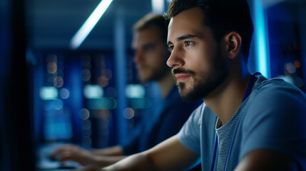 Faceless engineers in data center with device, defocused server equipment, firewall verification concept, IT teamwork technology, vulnerability scanning system, network security in