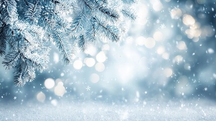 Serene winter scene with white snowy landscape background, blurred light blue and white tones, and hanging frosted pine branches. Calm, wintry nature setting capturing peaceful cold-season beauty.