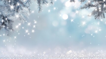 Serene winter scene with white snowy landscape background, blurred light blue and white tones, and hanging frosted pine branches. Calm, wintry nature setting capturing peaceful cold-season beauty.