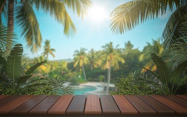 Tropical Paradise: Wood Deck Overlooking Pool and Palm Trees at Sunset