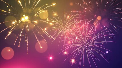 Vibrant Fireworks Display at Night Sky Celebration, Golden and Purple Bursts