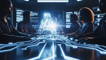 Diverse group of people in a dark room with glowing AI circuit board on table artificial intelligence. - Powered by Adobe