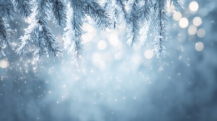 Serene winter scene with white snowy landscape background, blurred light blue and white tones, and hanging frosted pine branches. Calm, wintry nature setting capturing peaceful cold-season beauty.