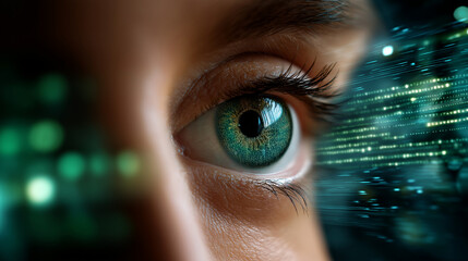Human eye closeup on tech background, defocused digital data pattern, cyber security concept, hacker detection technology, network monitoring system, security surveillance visualiz