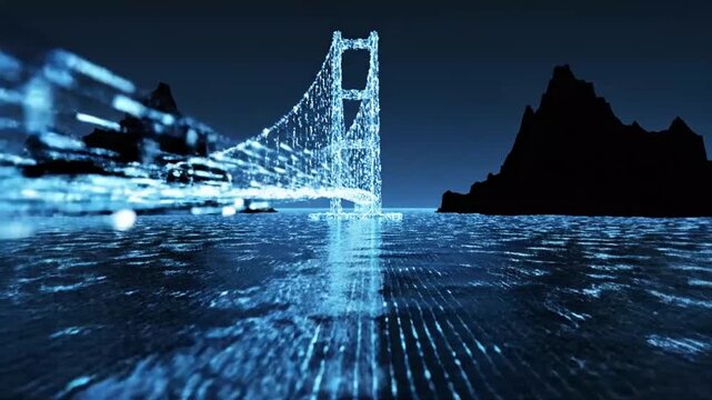 Digital representation of the Golden Gate Bridge constructed from glowing blue particles and data lines.