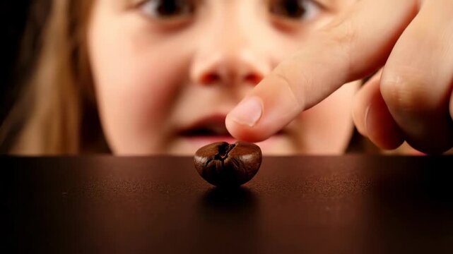 Young person looking at chocolate candy, close-up, eye-level view