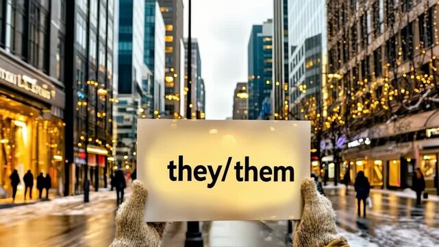 Person holding they/them pronoun sign in winter city street