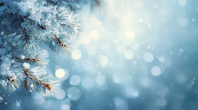 Serene winter scene with white snowy landscape background, blurred light blue and white tones, and hanging frosted pine branches. Calm, wintry nature setting capturing peaceful cold-season beauty.