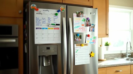 Refrigerator in a kitchen with family photos and notes attached