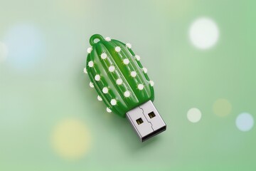 A green cactus-shaped USB drive sits against a soft pastel background with a dreamy surreal vibe