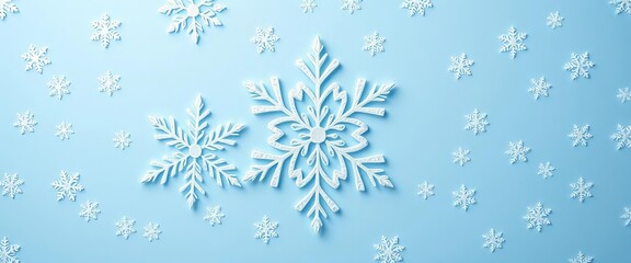 Intricate white snowflake pattern on a soft blue background,  festive,  shimmer