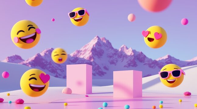 Joyful 3d emojis floating in a vibrant fantasy mountain landscape - Powered by Adobe
