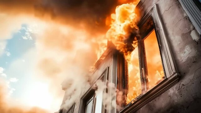 Building on fire with smoke and flames pouring from windows