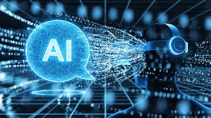 Person wearing VR headset experiencing AI data stream and speech bubble artificial intelligence virtual reality. - Powered by Adobe