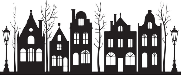 Obraz premium Laser cut Amsterdam style houses. Silhouette of row typical dutch canal houses at Netherlands. Stylized facade of old buildings. Wood carving, paper cut vector template. Background for banner, card