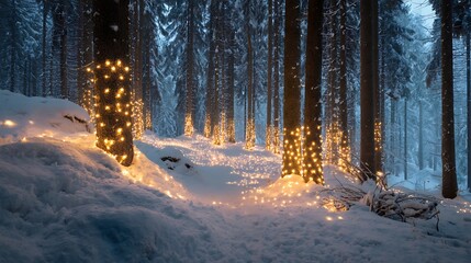 A magical winter wonderland, with snow-covered trees decorated with warm, glowing lights in a forest