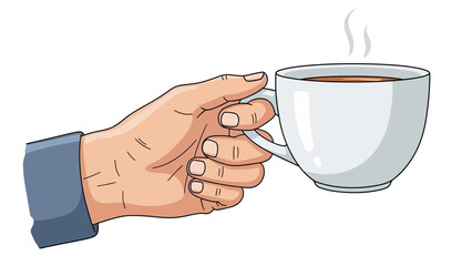 Human hand holding a steaming hot beverage in a white ceramic mug, representing warmth, comfort, and a refreshing break for daily routine