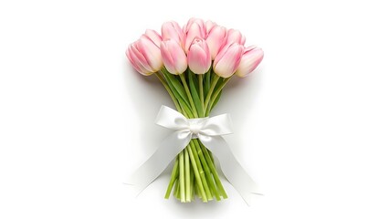 Elegant bouquet of pink tulips tied with a white ribbon on white background