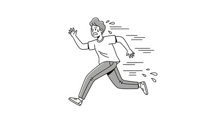 Cartoon illustration of a distressed and panicked man running rapidly, expressing fear, anxiety, and urgency with sweat and motion lines, symbolizing escape or chase