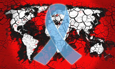 Global awareness design featuring a blue prostate cancer ribbon over a cracked world map in red, symbolising worldwide impact, urgency and support in the fight against prostate cancer