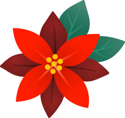 A flat vector illustration of a Christmas poinsettia flower in bright red and green. Ideal for holiday cards, festive decorations, patterns, stickers, and winter-themed graphic design.