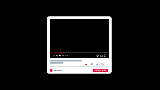 Animated video player interface with like and subscribe buttons Clicking. Youtube social media UI motion graphics. Internet multimedia template. Vlog screen layout mockup. Transparent Background