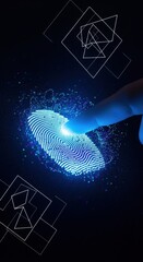 Finger touching glowing digital fingerprint with abstract shapes and particles.